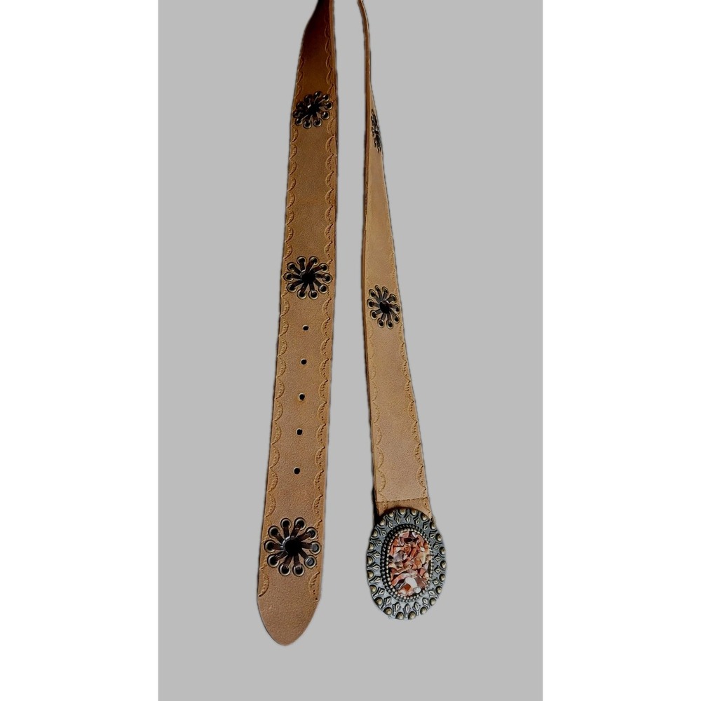 Vintage Goldtone Belt Buckle With‎ Mosaic Stone Inlay Brown Belt M/L 32-34 #1538 - Picture 11 of 11